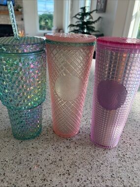 Starbucks Iridescent Teal, Pink & Lavender Studded Tumblers 24 oz lot of 3